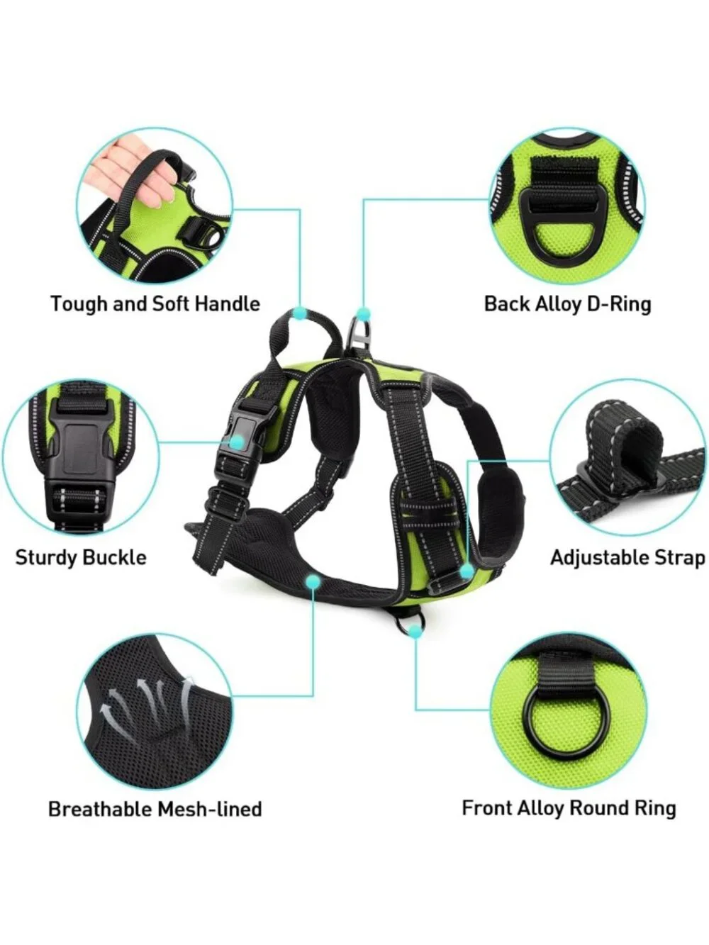 Adjustable Soft Dog Harness with Handle, Reflective Padded Collar & 6FT Leash